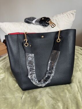 Classic Black Tote with Red Interior and Gold Hardware
